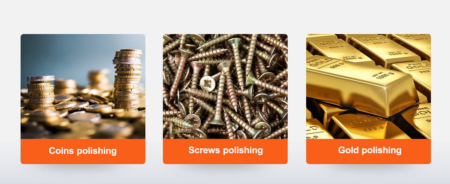 монеты, шурупы и золотые слитки на различных этапах полировки с помощью ювелирного полировщика VEVOR.