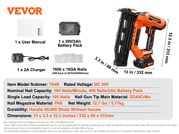 VEVOR cordless finish nailer, t64b, dc 20v, 100 nails/min, 105 nail capacity, 12.7 lbs, 13 x 3.3 x 12.3 in.