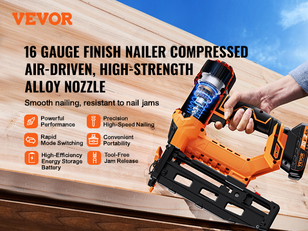 VEVOR cordless finish nailer showcasing powerful performance, rapid mode switching, and tool-free jam release.