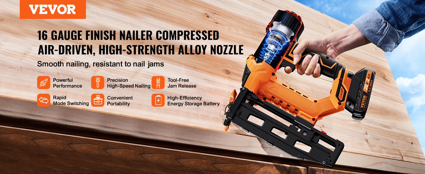 VEVOR cordless finish nailer showcasing powerful performance, rapid mode switching, and tool-free jam release.