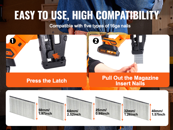 VEVOR cordless finish nailer compatible with 5 types of 16ga nails, easy to use, high compatibility.