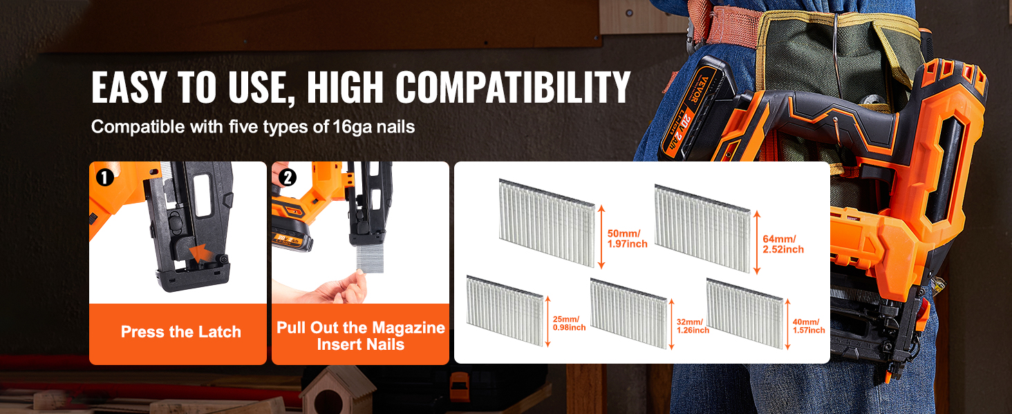 VEVOR cordless finish nailer compatible with 5 types of 16ga nails, easy to use, high compatibility.