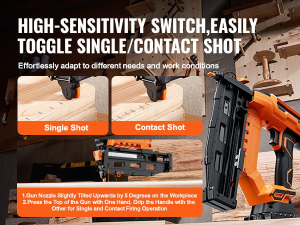 VEVOR cordless finish nailer in action, with single and contact shot toggle in a woodworking studio.