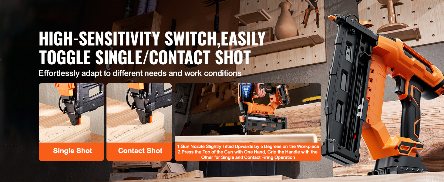 VEVOR cordless finish nailer in action, with single and contact shot toggle in a woodworking studio.