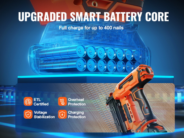 VEVOR cordless finish nailer with smart battery core, etl certified, full charge for 400 nails.