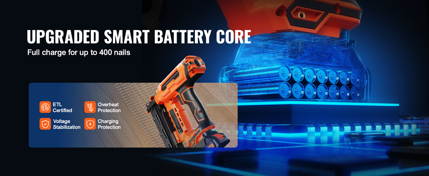 VEVOR cordless finish nailer with smart battery core, etl certified, full charge for 400 nails.