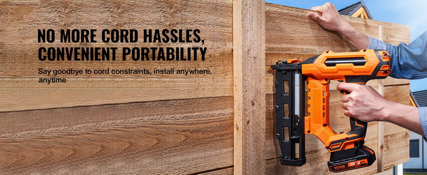 VEVOR cordless finish nailer in use on a wooden fence, highlighting portability and convenience.