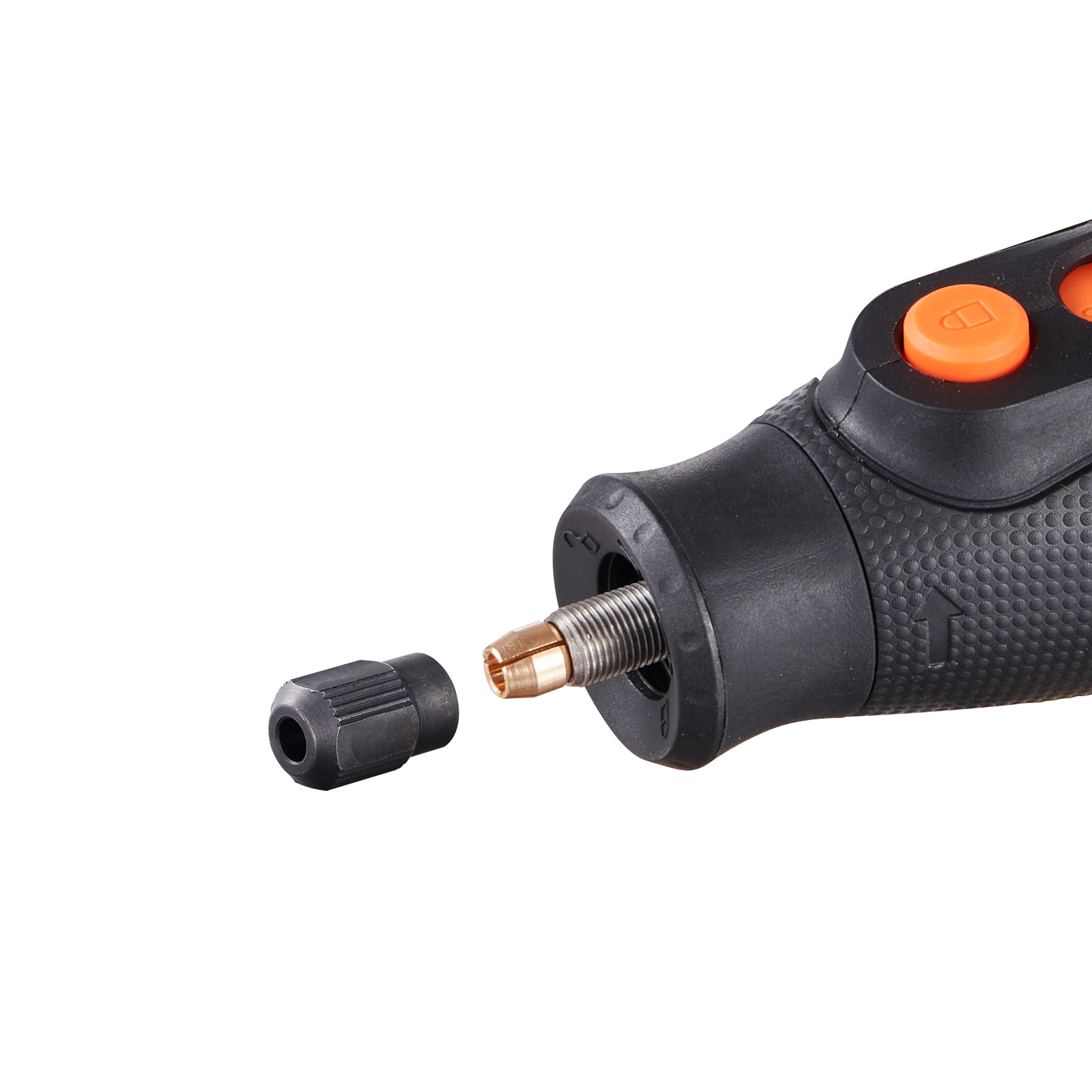 VEVOR rotary tool kit with black grip and orange buttons, showing detail of the removable collet.