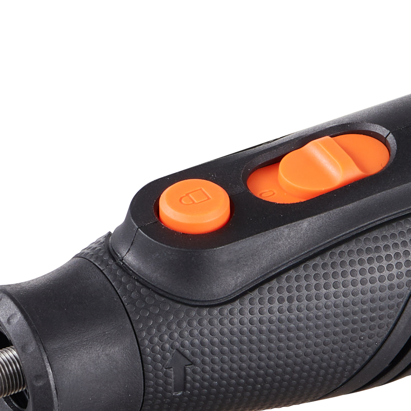 black ergonomic handle with textured grip and orange buttons of the VEVOR rotary tool kit.