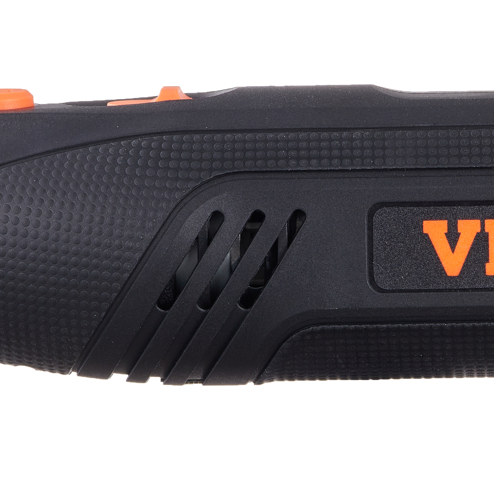 close-up of black VEVOR rotary tool kit with textured grip and orange buttons.