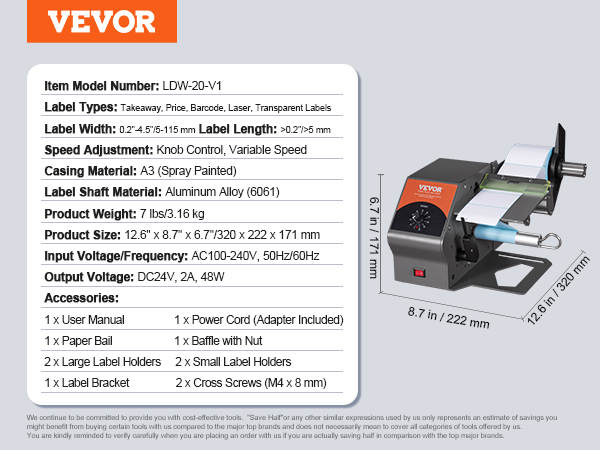 VEVOR automatic label dispenser, model ldw-20-v1, dimensions 320x222x171mm, weight 3.16kg, with accessories.