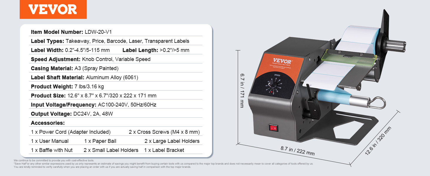 VEVOR automatic label dispenser, model ldw-20-v1, dimensions 320x222x171mm, weight 3.16kg, with accessories.