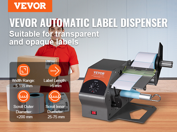 VEVOR automatic label dispenser for transparent and opaque labels, width 5-115 mm, length >5 mm.