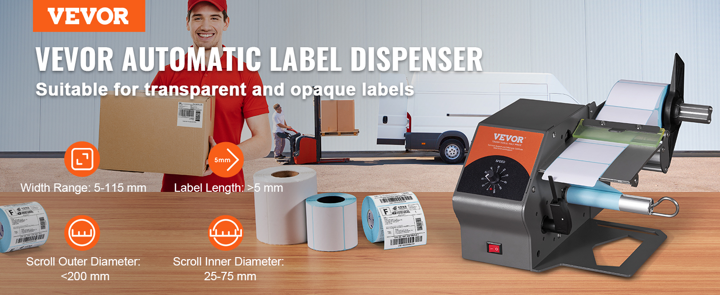 VEVOR automatic label dispenser for transparent and opaque labels, width 5-115 mm, length >5 mm.