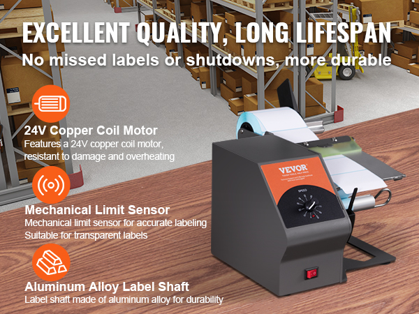 VEVOR automatic label dispenser in a warehouse with features: 24v motor, mechanical sensor, aluminum shaft.