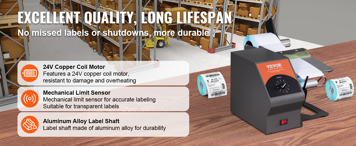 VEVOR automatic label dispenser in a warehouse with features: 24v motor, mechanical sensor, aluminum shaft.