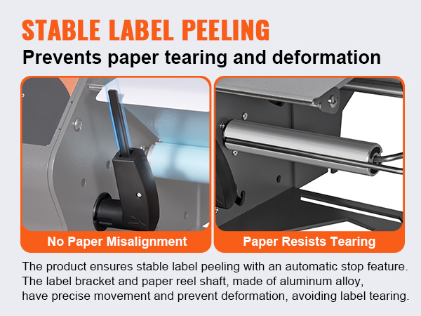 stable label peeling banner showcasing VEVOR automatic label dispenser with images of components.