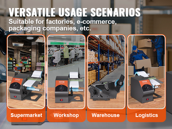 VEVOR automatic label dispenser used in supermarket, workshop, warehouse, and logistics.