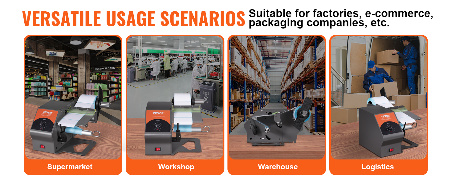 VEVOR automatic label dispenser used in supermarket, workshop, warehouse, and logistics.
