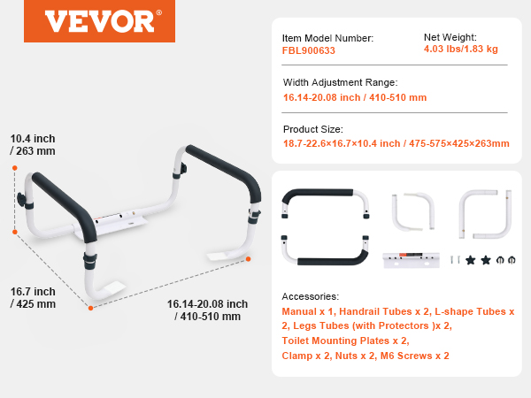 VEVOR toilet safety rail with dimensions, model number, and accessories layout. adjustable width 16.14-20.08 in.