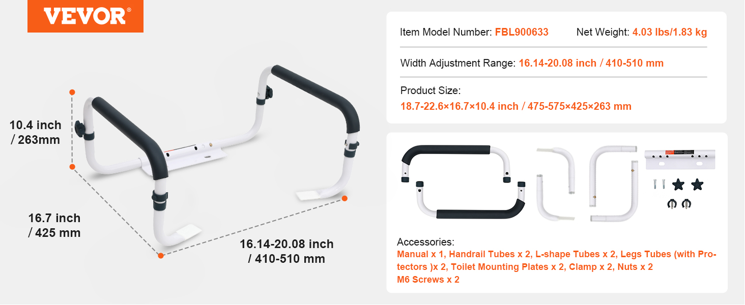 VEVOR toilet safety rail with dimensions, model number, and accessories layout. adjustable width 16.14-20.08 in.