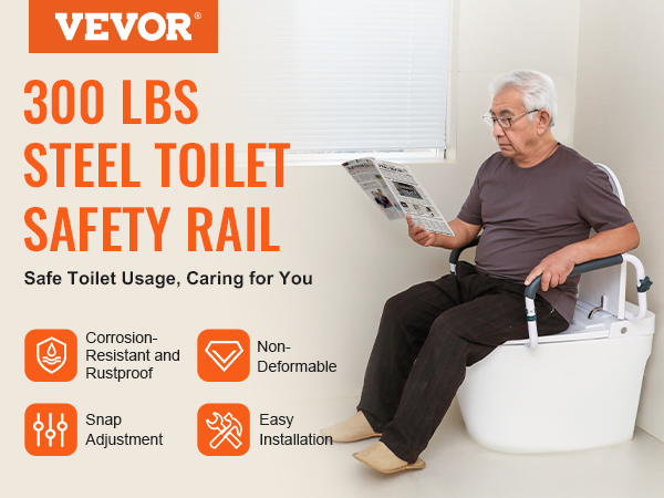 VEVOR toilet safety rail supports up to 300 lbs, corrosion-resistant, rustproof, snap adjustment, easy installation.