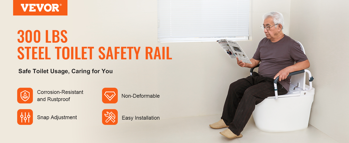 VEVOR toilet safety rail supports up to 300 lbs, corrosion-resistant, rustproof, snap adjustment, easy installation.