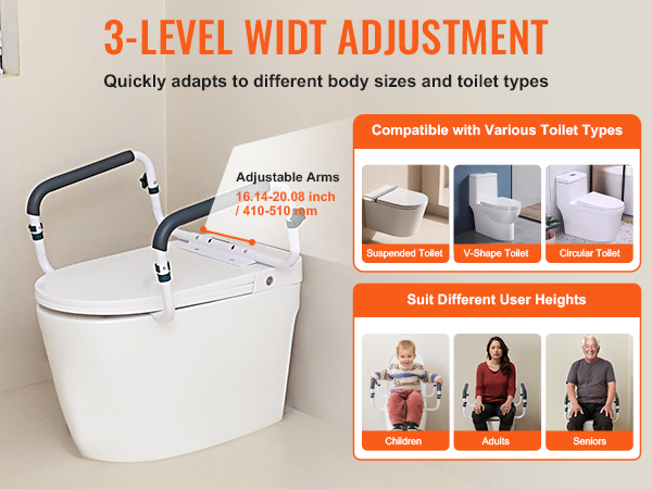 VEVOR toilet safety rail with adjustable arms and 3-level width, compatible with various toilet types and users.