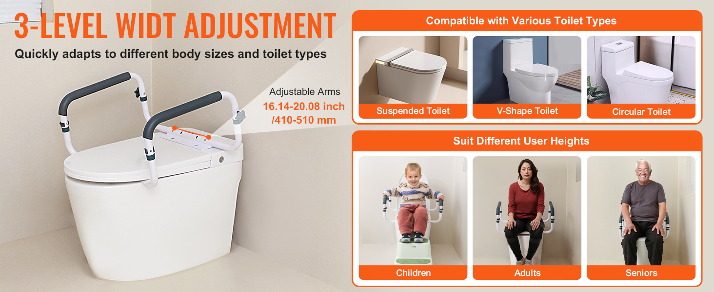 VEVOR toilet safety rail with adjustable arms and 3-level width, compatible with various toilet types and users.