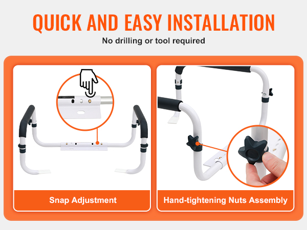 VEVOR toilet safety rail with snap adjustment and hand-tightening nuts, no drilling needed.