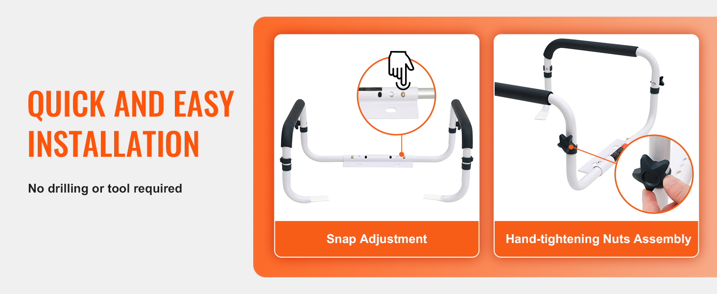 VEVOR toilet safety rail with snap adjustment and hand-tightening nuts, no drilling needed.