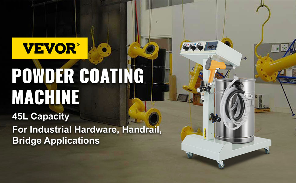 VEVOR powder coating machine in industrial hardware and handrail setting.