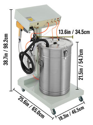 VEVOR powder coating machine with steel container, dimensions annotated.
