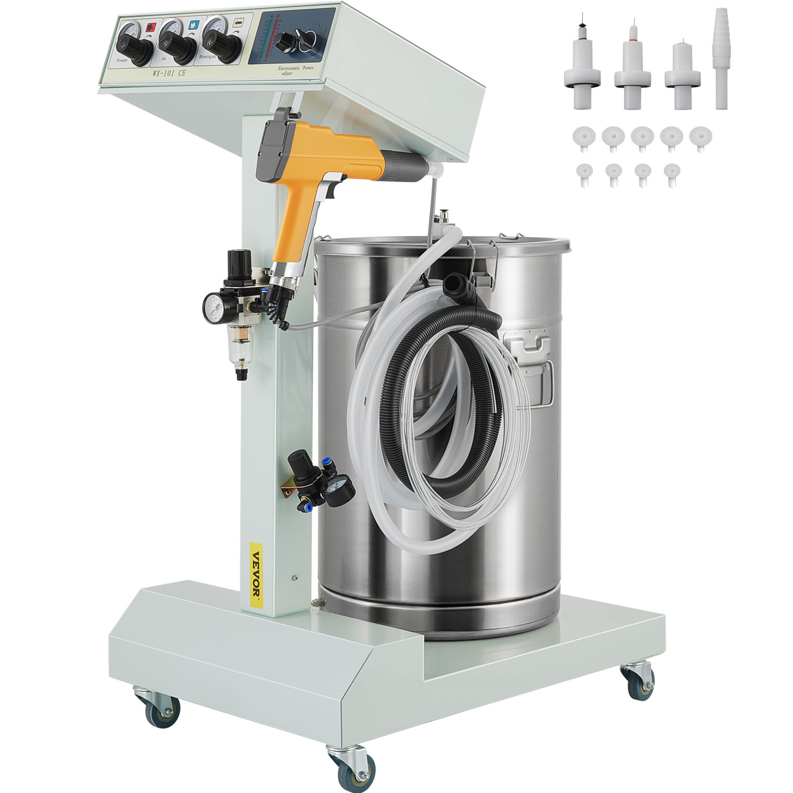 VEVOR powder coating machine with control panel, hoses, and attachments.