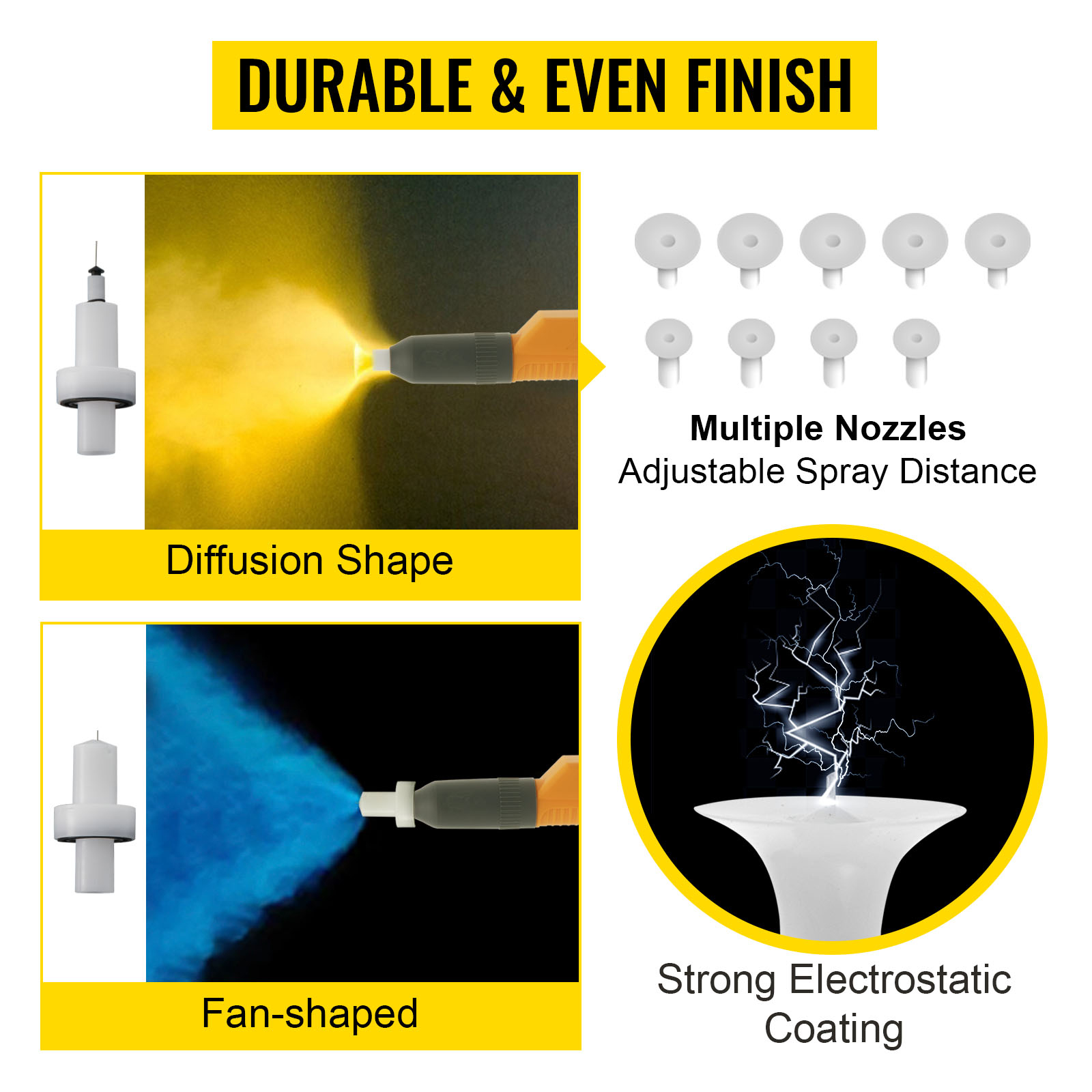 VEVOR powder coating machine offers multiple nozzles for diffusion and fan-shaped spray. durable, even finish.