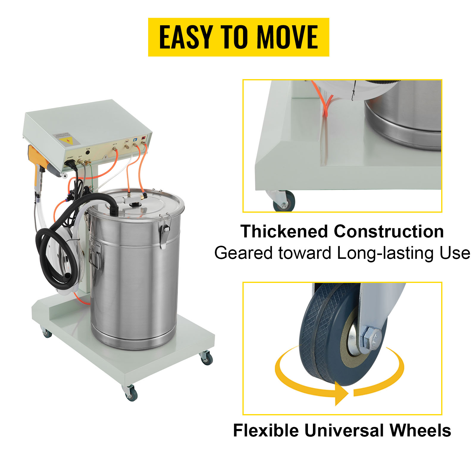 VEVOR powder coating machine with thickened construction and flexible universal wheels.