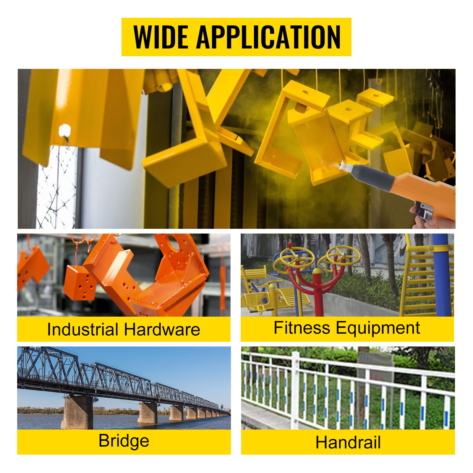 VEVOR powder coating machine applying paint to industrial hardware and fitness equipment.