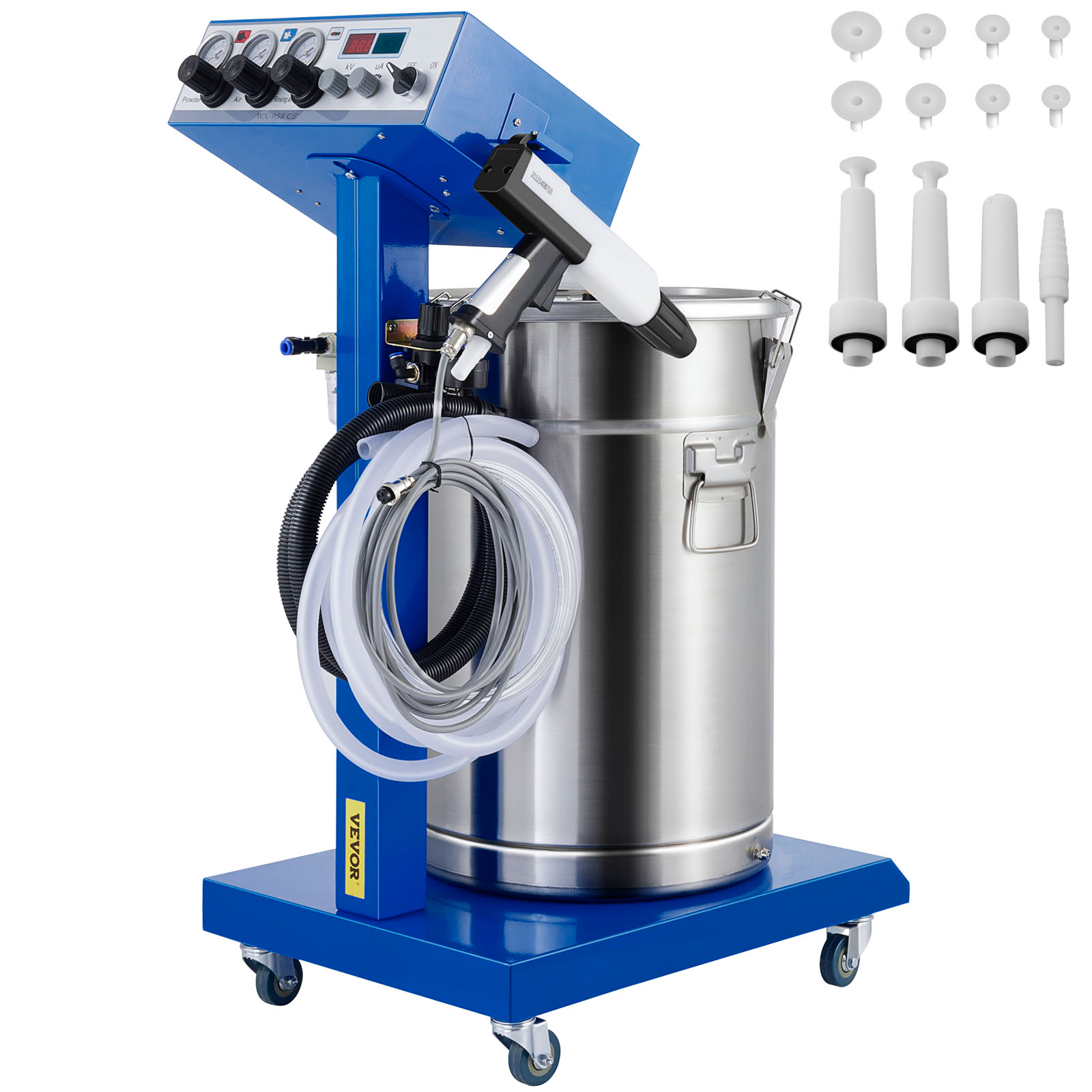 VEVOR powder coating machine with hoses, control panel, nozzles, and stainless steel tank.