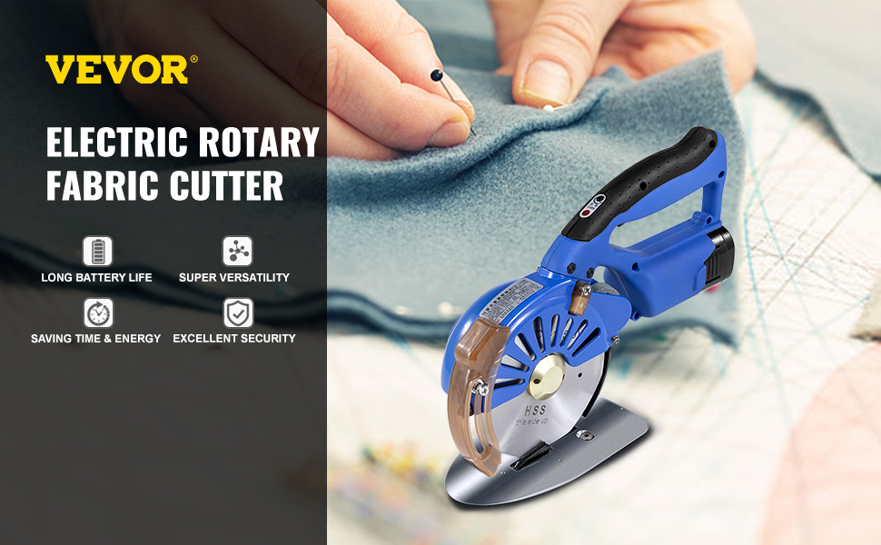 VEVOR electric rotary fabric cutter with ergonomic handle and cutting fabric.