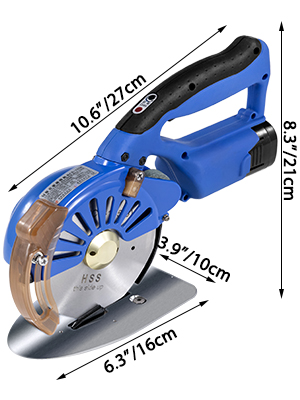 VEVOR electric rotary fabric cutter with dimensions labeled on a blue handle design.