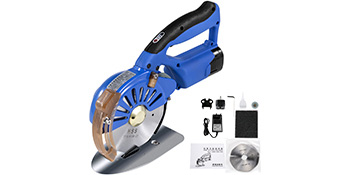 blue VEVOR electric rotary fabric cutter with accessories including blade and charger.