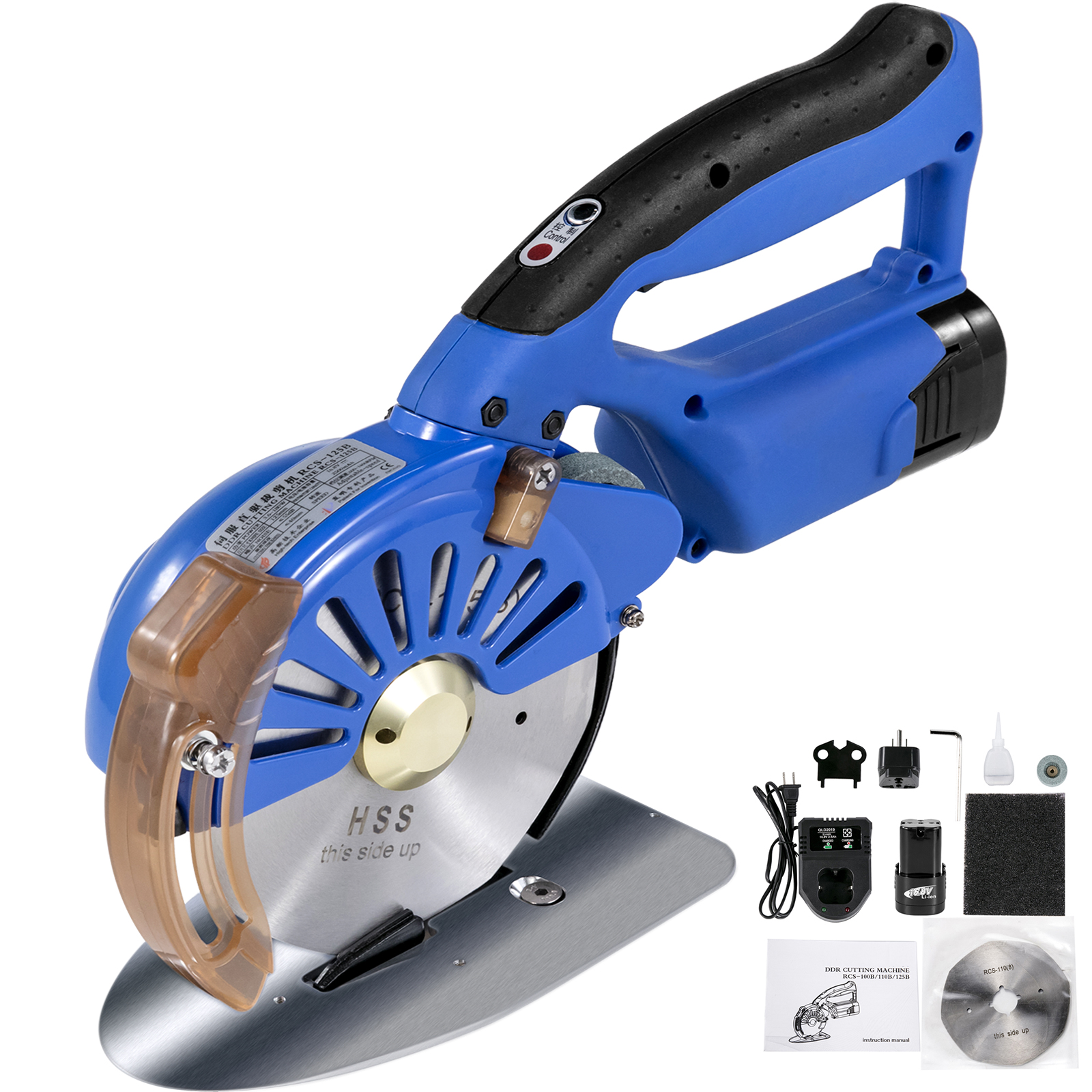 VEVOR electric rotary fabric cutter with cutting accessories and manual.