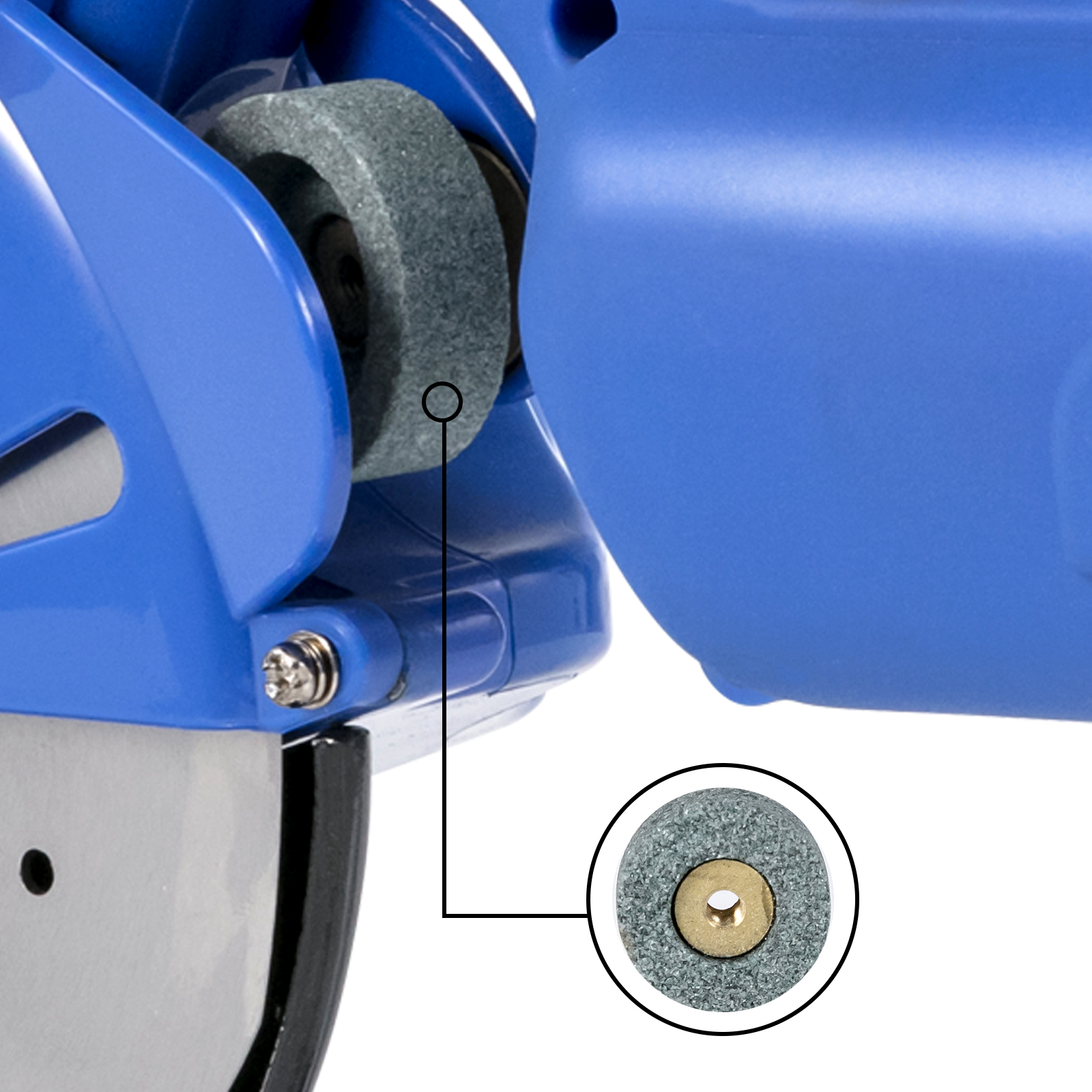 close-up view of VEVOR electric rotary fabric cutter blade and sharpening stone.