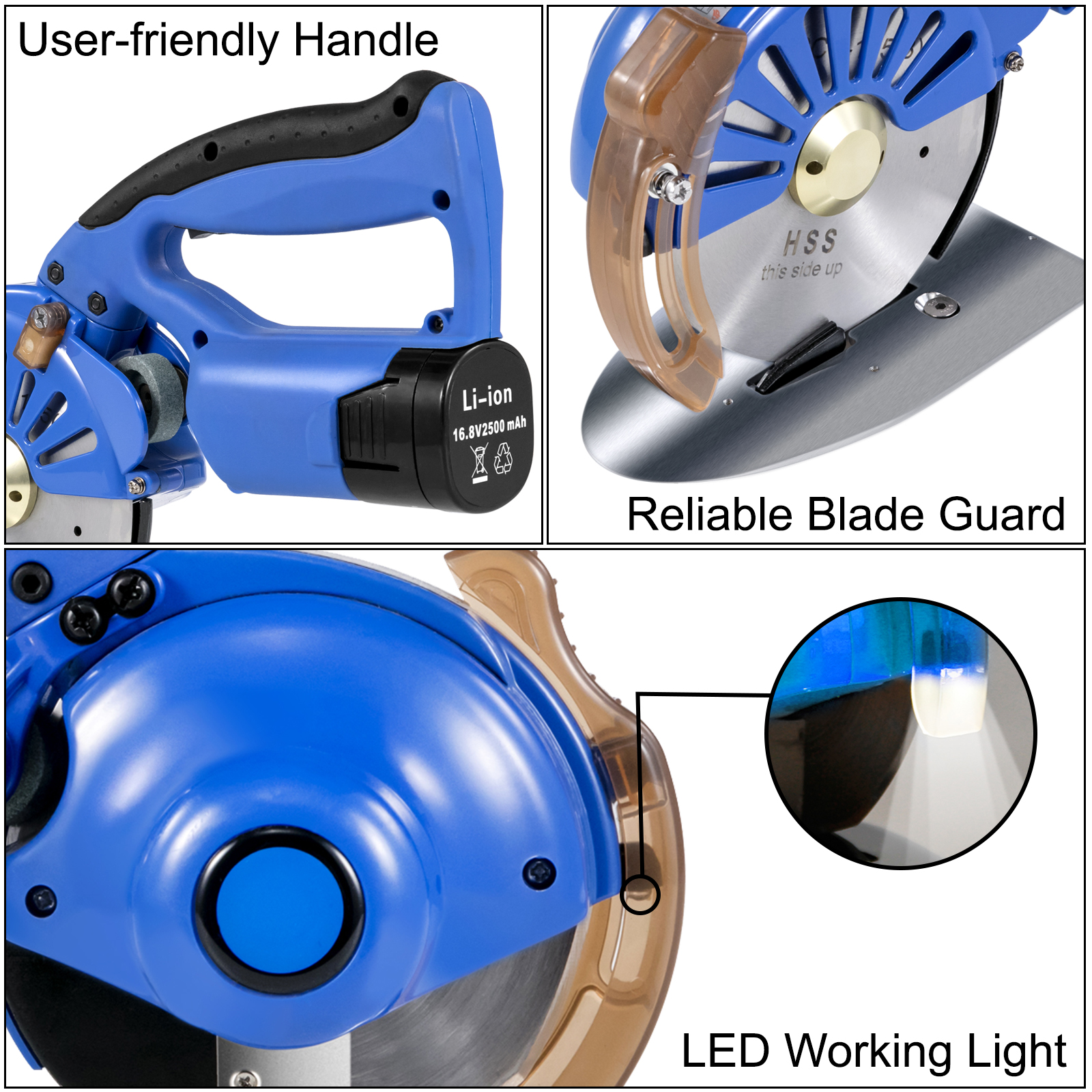VEVOR electric rotary fabric cutter with user-friendly handle, reliable blade guard, led light.