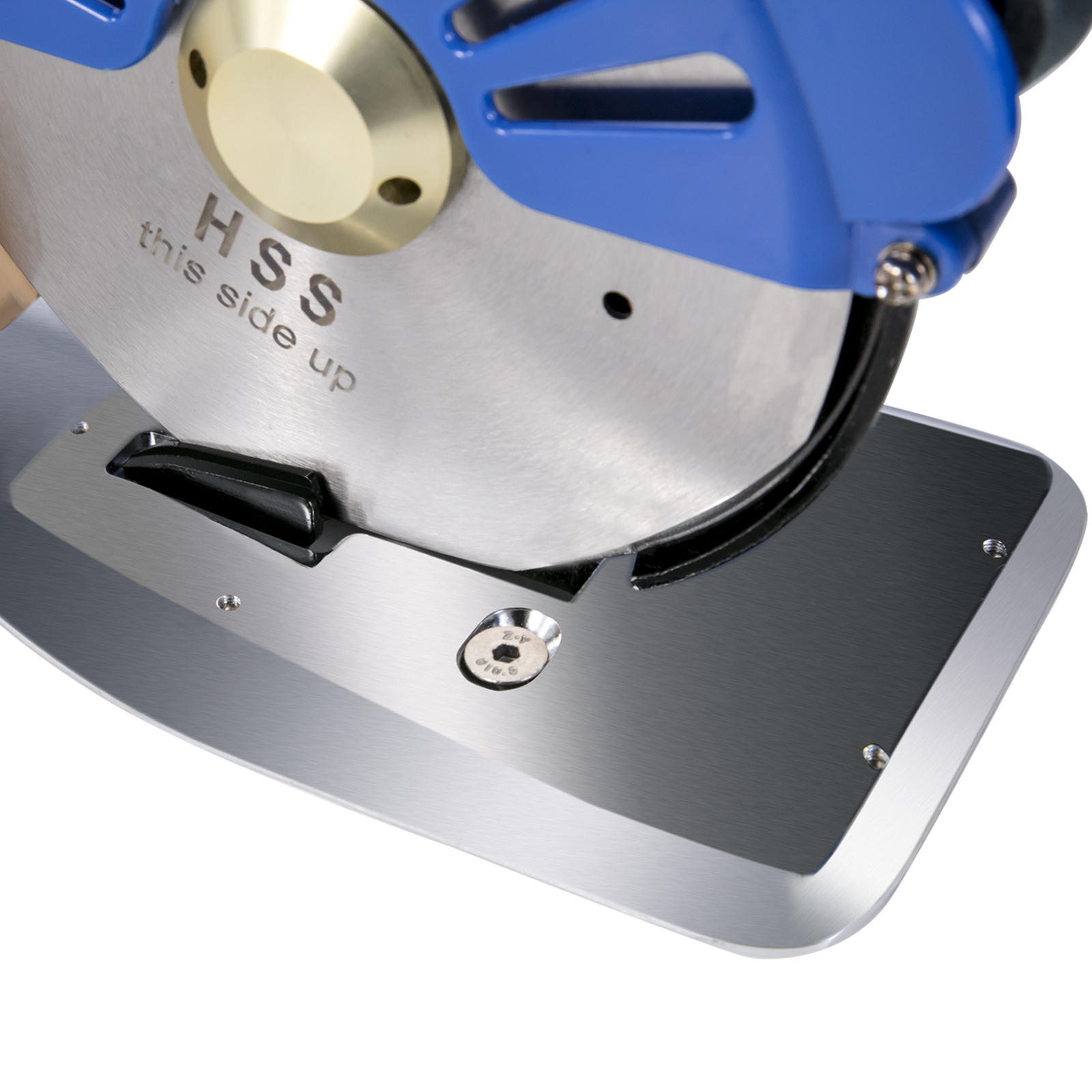 VEVOR electric rotary fabric cutter with hss blade and blue cover.