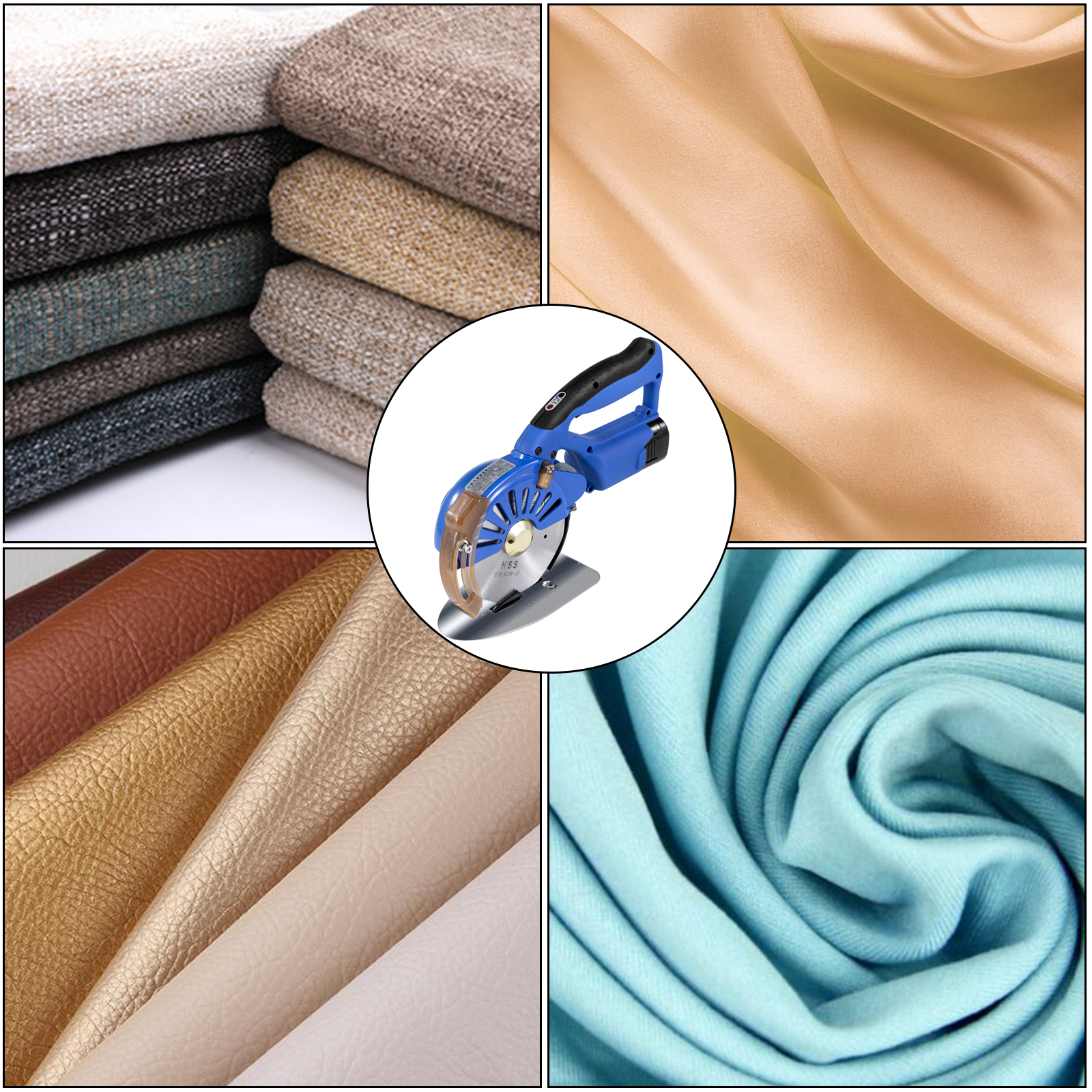 VEVOR electric rotary fabric cutter with various fabric types in the background.