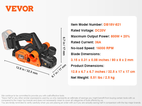 VEVOR cordless electric hand planer with dc20v, 800w, 16000 rpm, 5.51 lbs, model db18v-821.