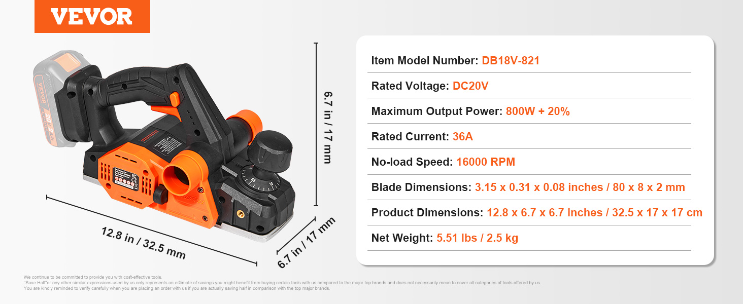 VEVOR cordless electric hand planer with dc20v, 800w, 16000 rpm, 5.51 lbs, model db18v-821.