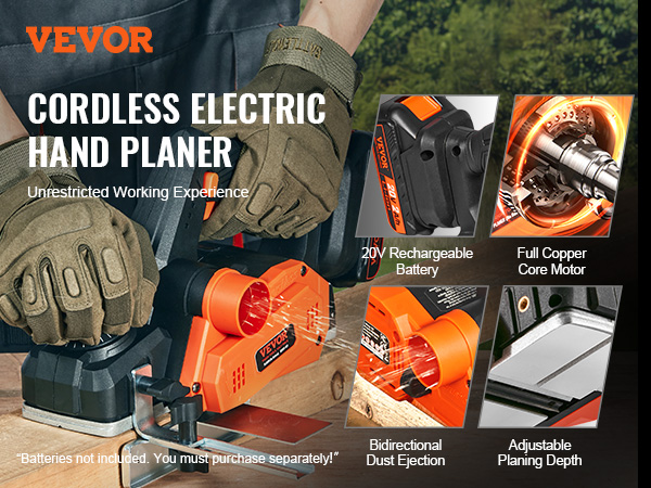 person using VEVOR cordless electric hand planer with 20v battery, copper motor, and adjustable planing depth.
