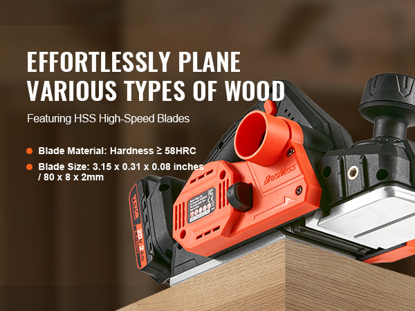 VEVOR cordless electric hand planer with hss blades planing a piece of wood, blade details included.